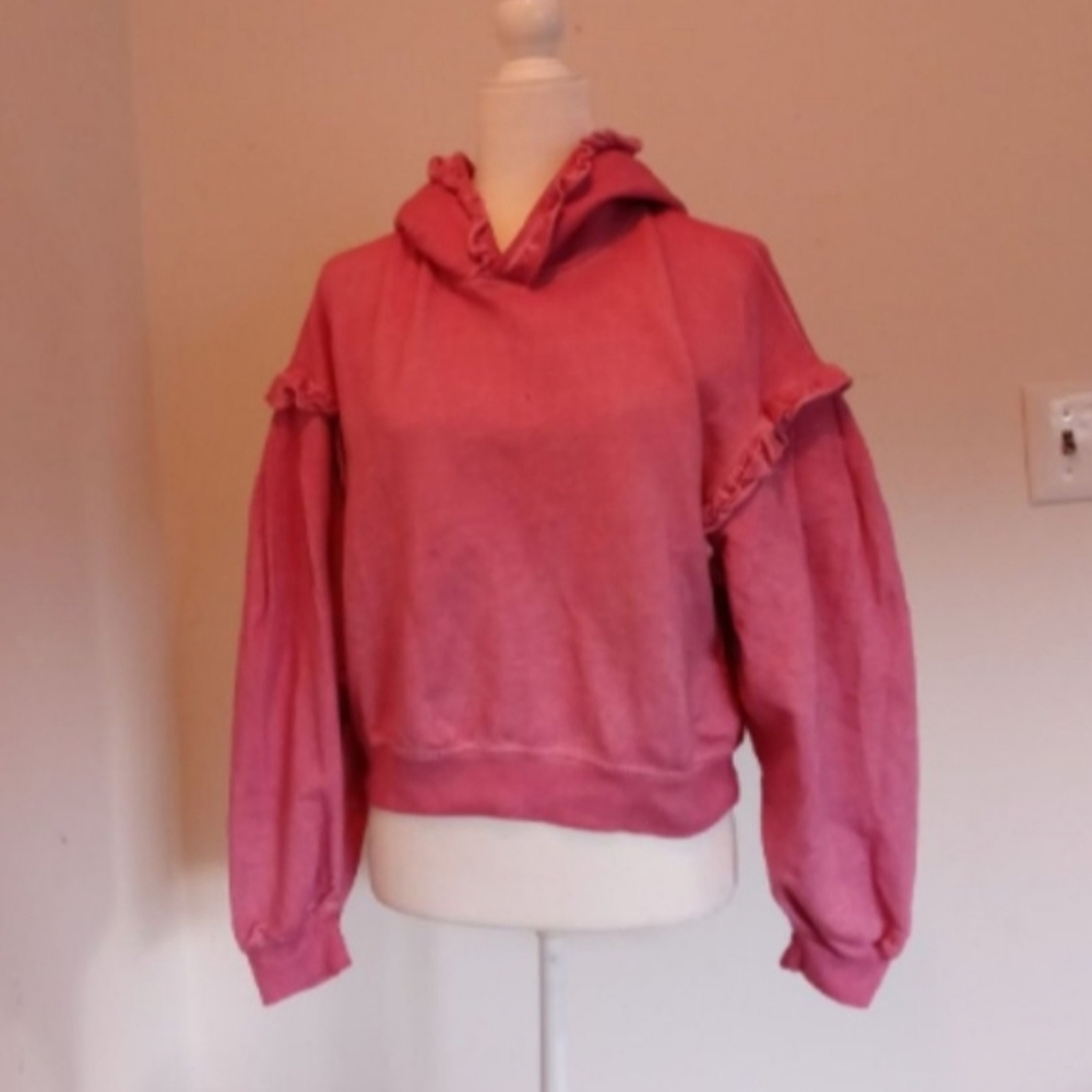 Something Navy Pink Ruffled Hoodie Sweatshirt Sz M